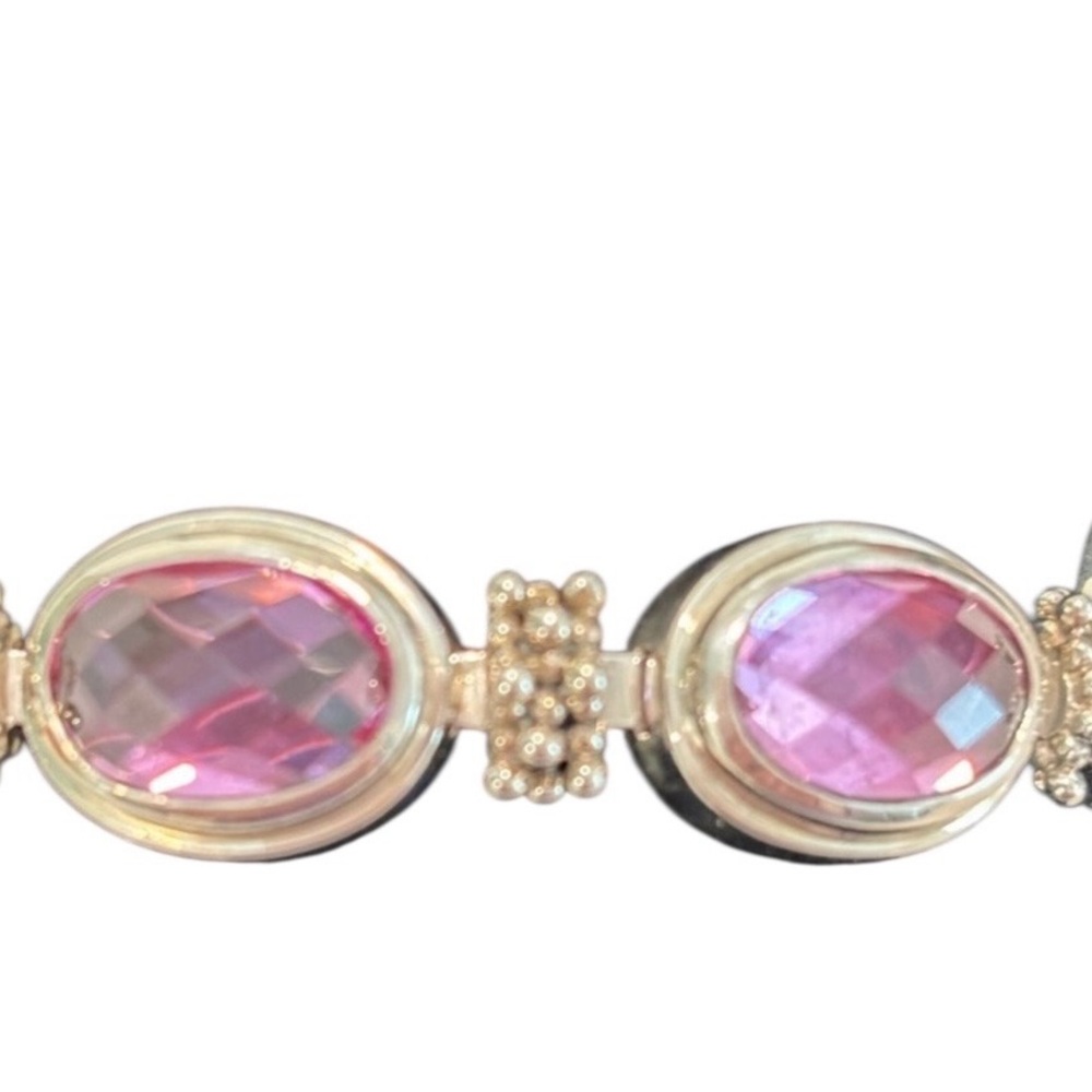 Michael Dawkins Oval Checkerboard Simulated Pink Sapphire/SS Bracelet - Picture 5 of 8